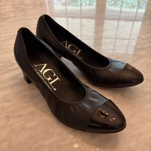 AGL Leather‎ Pumps Block Heel Cap Toe Classic Black Size 37